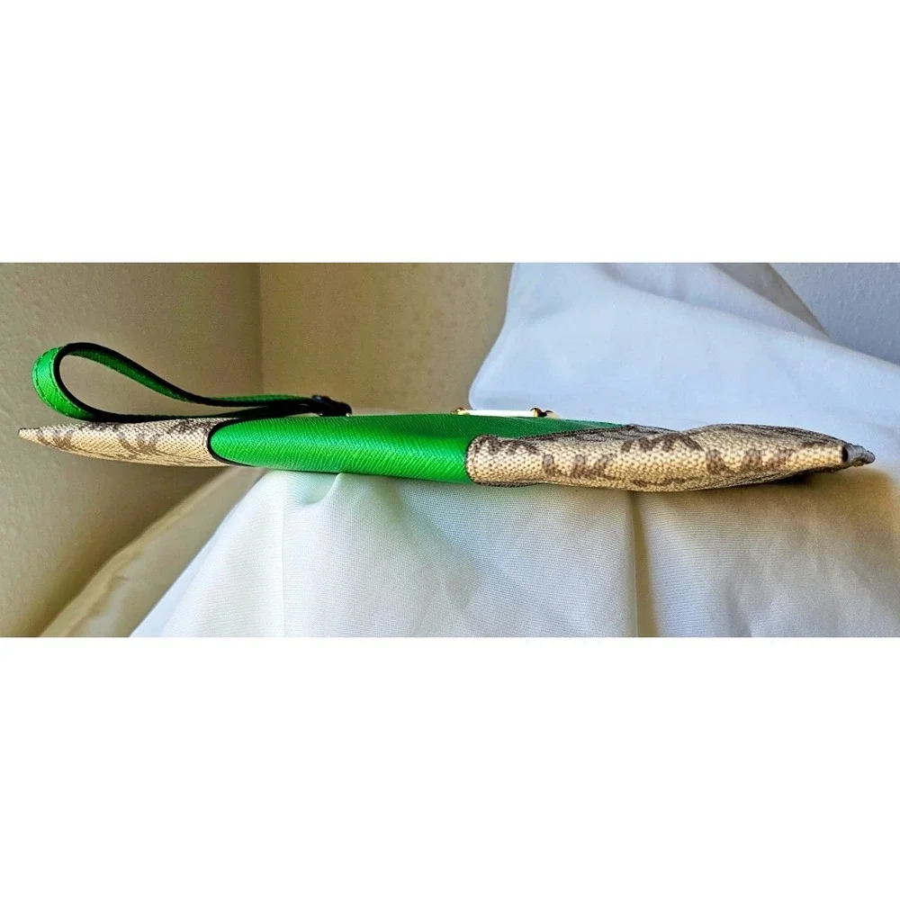 Michael Kors Jet Set LARGE Wristlet/Clutch Green with Beige MK Monogram, 10x5.5